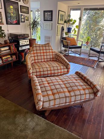 Mid century modern orange tartan upholstered arm chair with ottoman