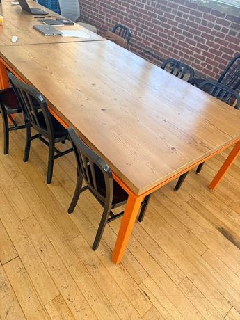 Large Wood Top Dining Table with Orange Metal Legs