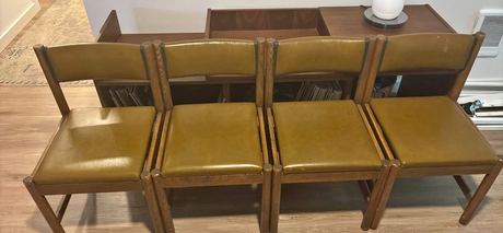 Four Mid Century Modern Vintage Leather and Oak Dining Chair Set
