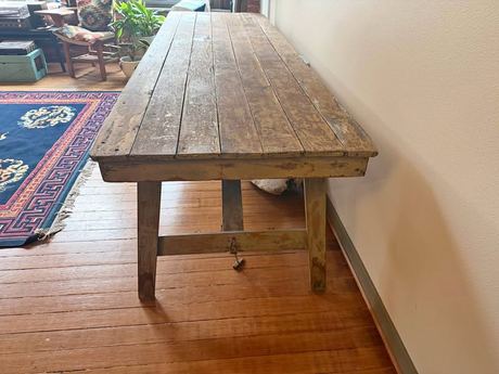 Large Primitive Farmhouse Dining Table, 9.5 ft, Distressed Wood Patina