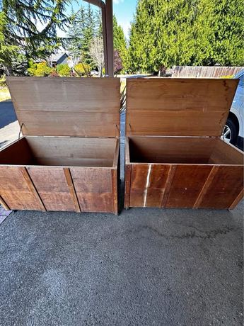 Pair of Vintage Wooden Storage Trunks on Casters. 24W X 47LX 27H