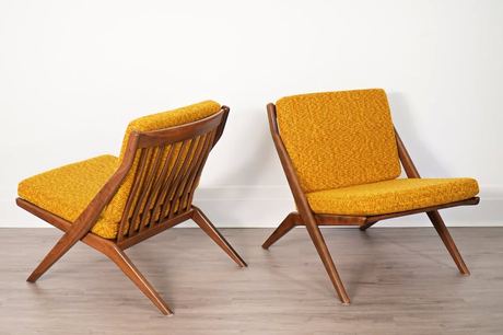 Pair Mid Century Modern Folke Ohlsson for Dux Scissor Sculptural Lounge Chairs