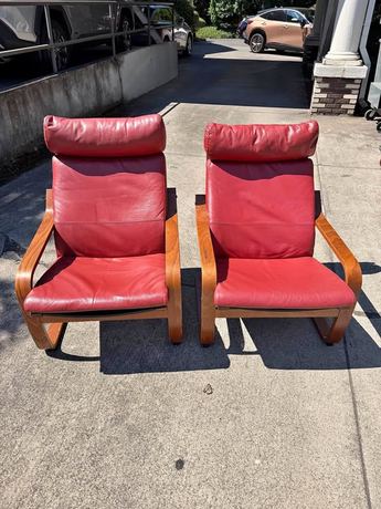 Pair of Vintage IKEA POÄNG Armchairs – Genuine Red Leather & Bentwood