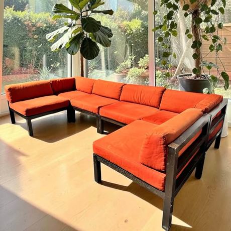 Vintage Orange Modular Sectional Sofa with Dark Wood Frame