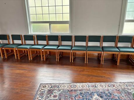 Mid-Century Modern Wood Chairs with Green Upholstery.