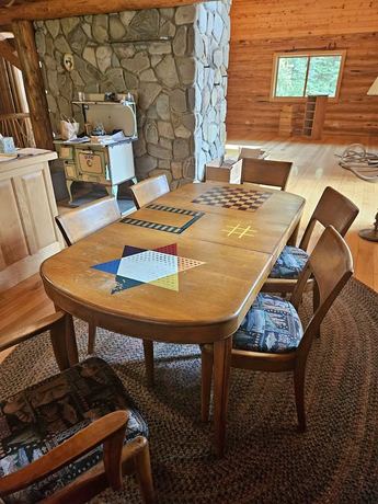 Vintage table, 6 chairs, fun upholstery, 64" long, 34" wide, 29" tall