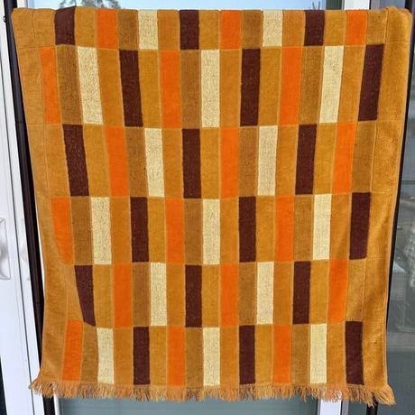 Vintage Sears large 53” x 29” Window pane color block mcm towel with fringe Brown, orange, gold
